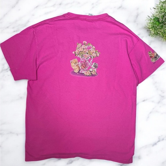 Vintage 90s Anvil Graphic Cat Floral Novelty Print Single Stitch T Shirt - Picture 5 of 10